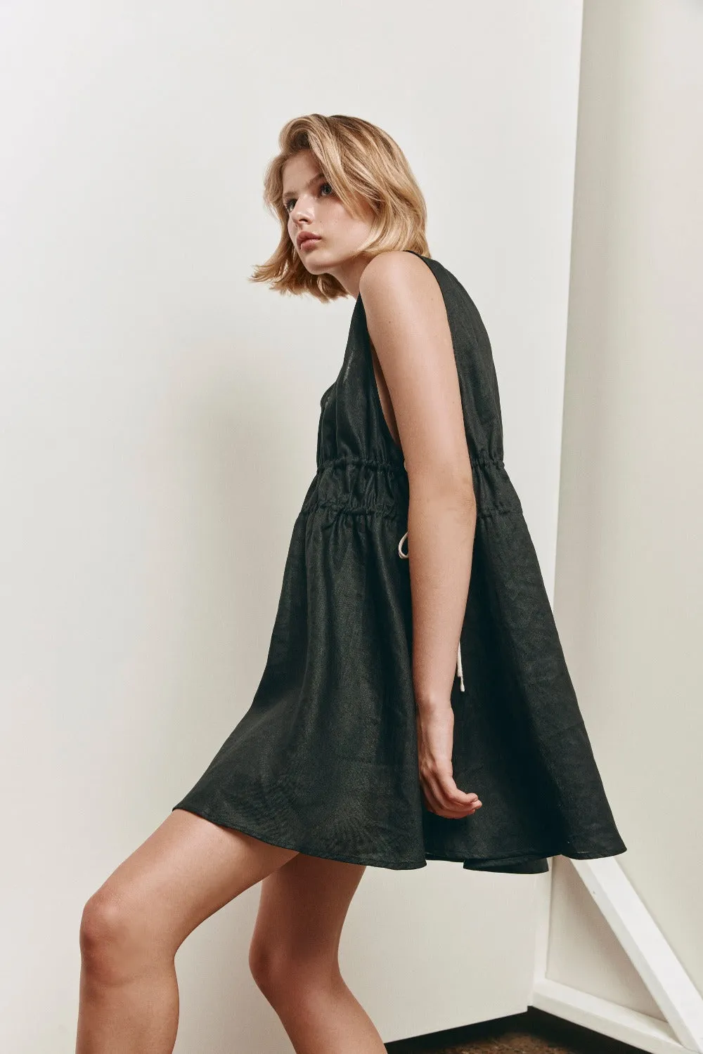 Adina Linen Mini Dress Black