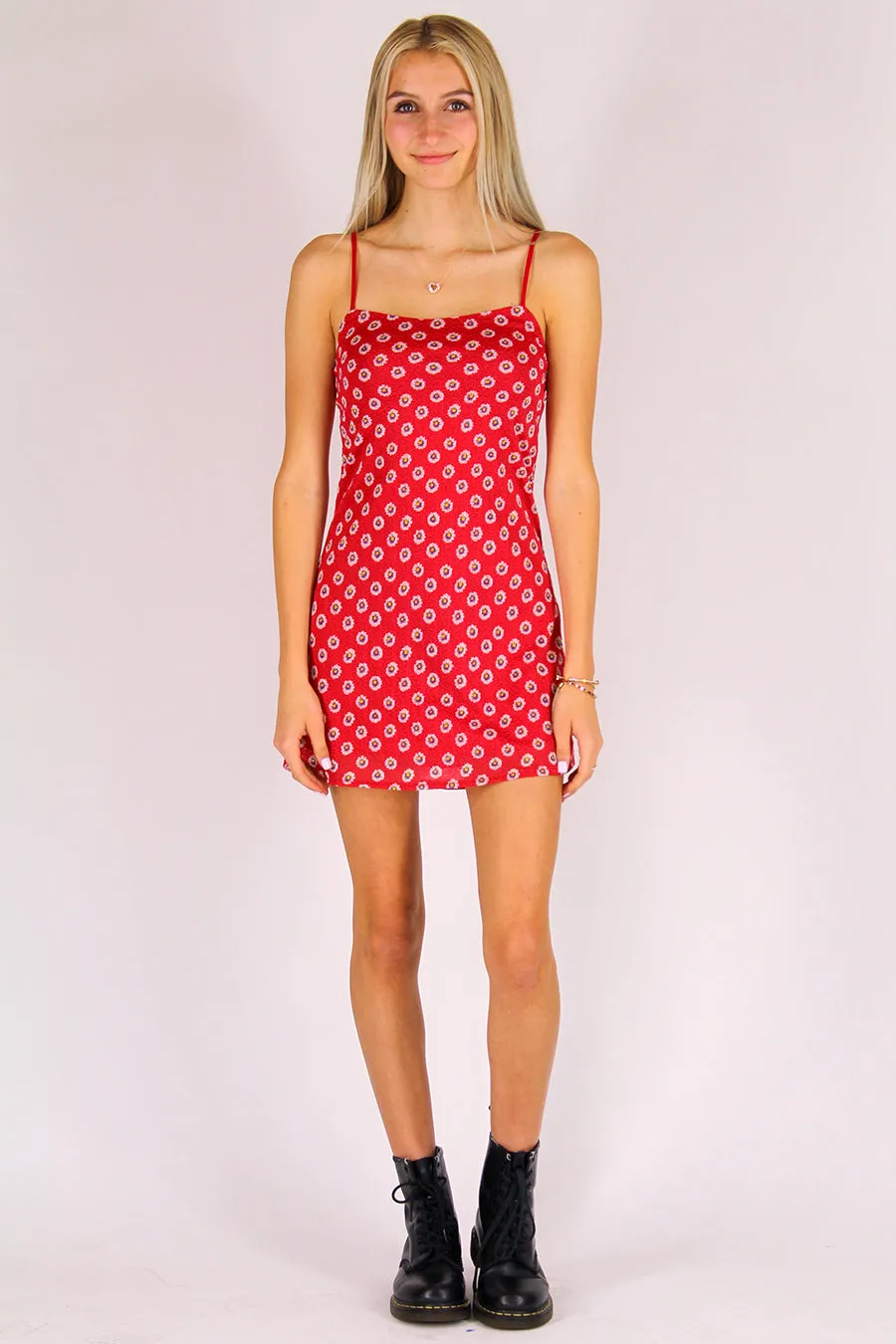 Adjustable Strap Dress - Stretchy Red Floral