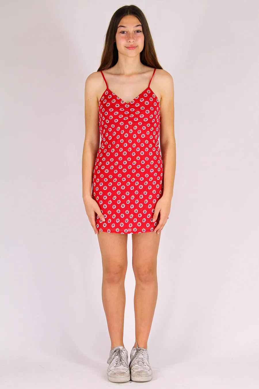 Adjustable V-Neck Dress - Stretchy Red Floral