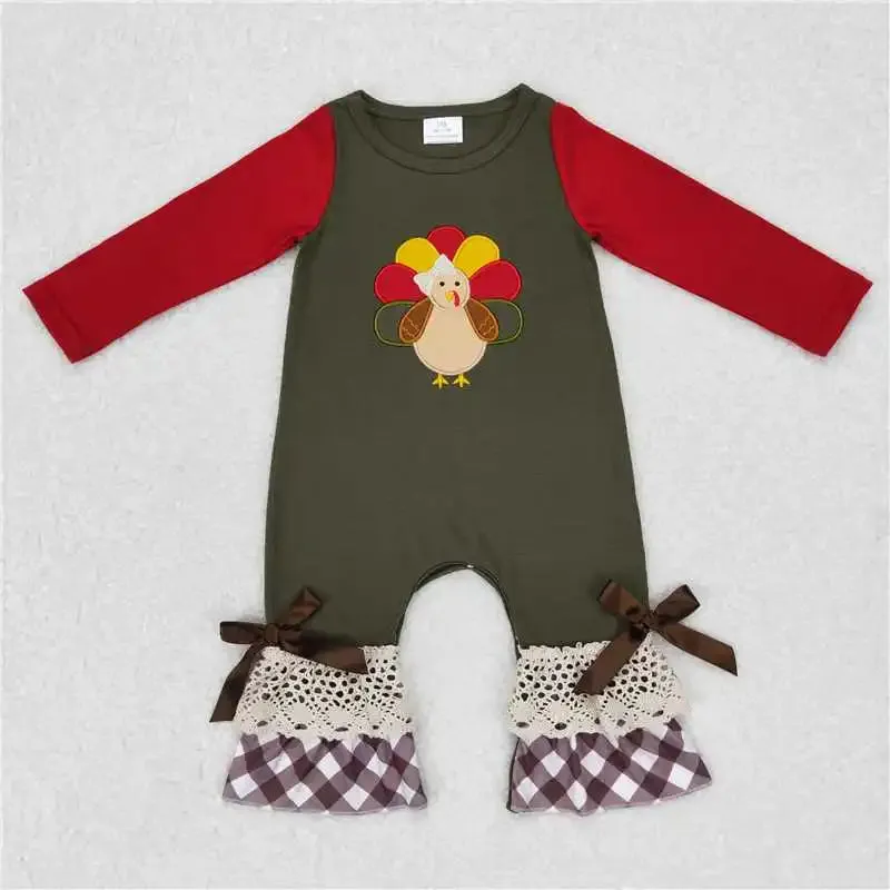 Baby Romper - Applique - Girls - Turkey Plaid Lace Ruffle