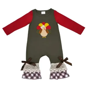 Baby Romper - Applique - Girls - Turkey Plaid Lace Ruffle