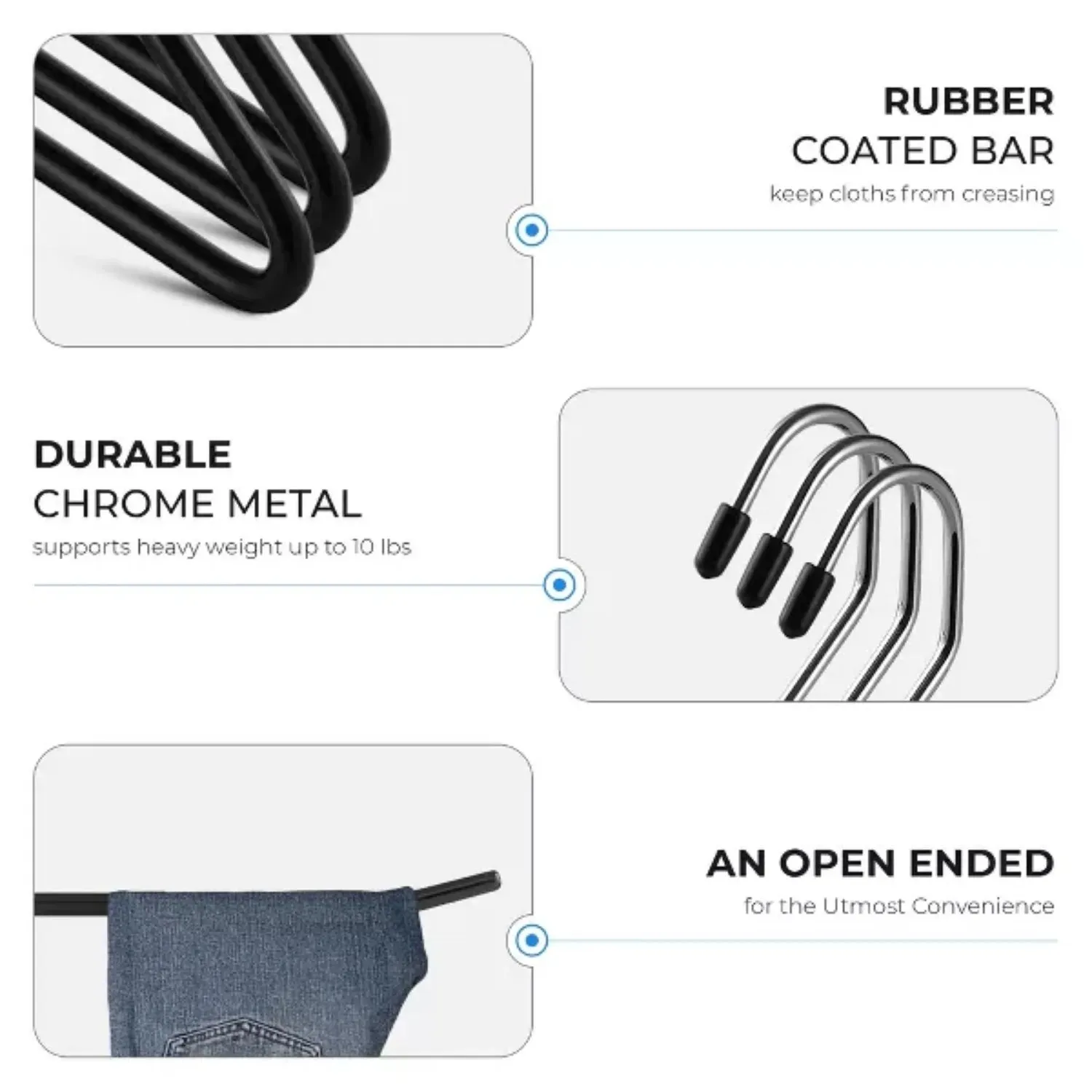 Black Metal Pant Hangers; Open Ended Hangers for Pants, Slack, Trouser, or Jeans, Nonslip Rubber-Coated Anti-Rust Metal