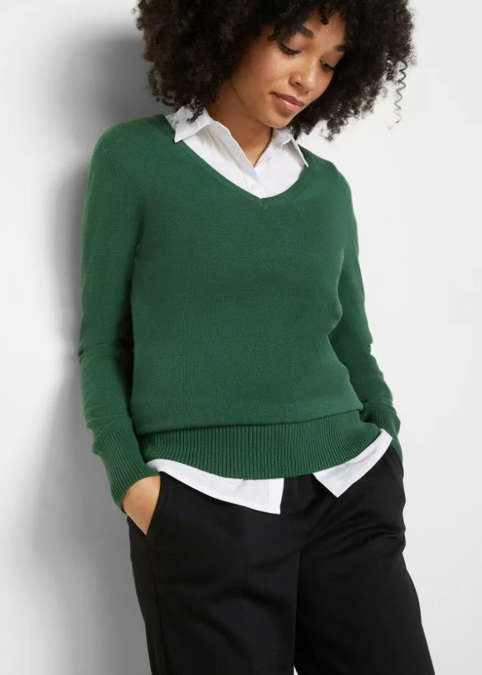 Bpc Bonprix Collection Fine Knit V-Neck Sweater, Green