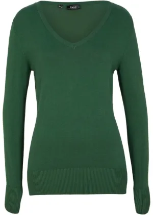 Bpc Bonprix Collection Fine Knit V-Neck Sweater, Green