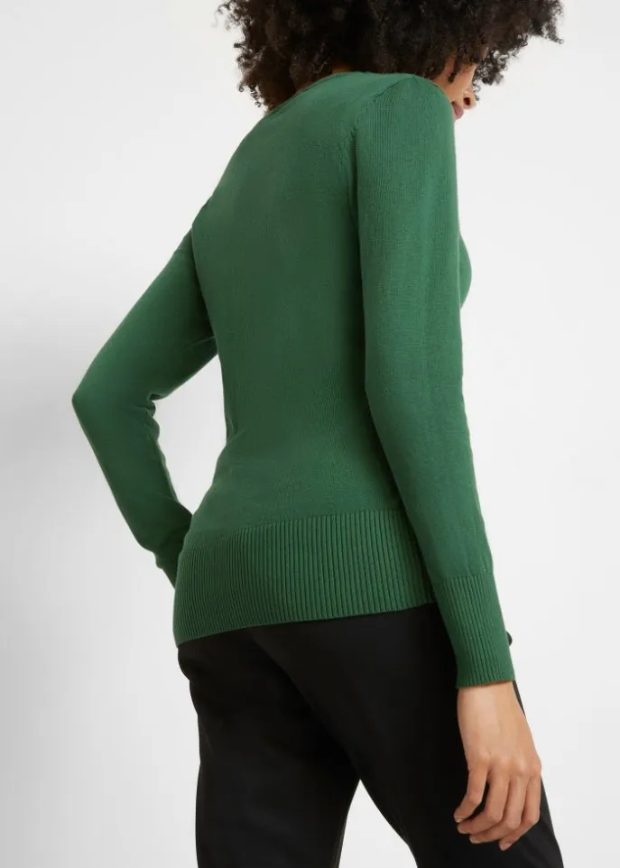 Bpc Bonprix Collection Fine Knit V-Neck Sweater, Green