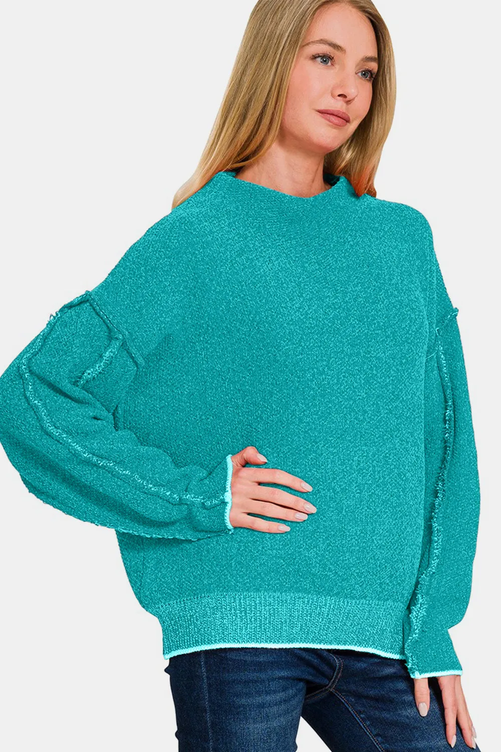 Exposed Seam Long Sleeve Teal Mock Sweater