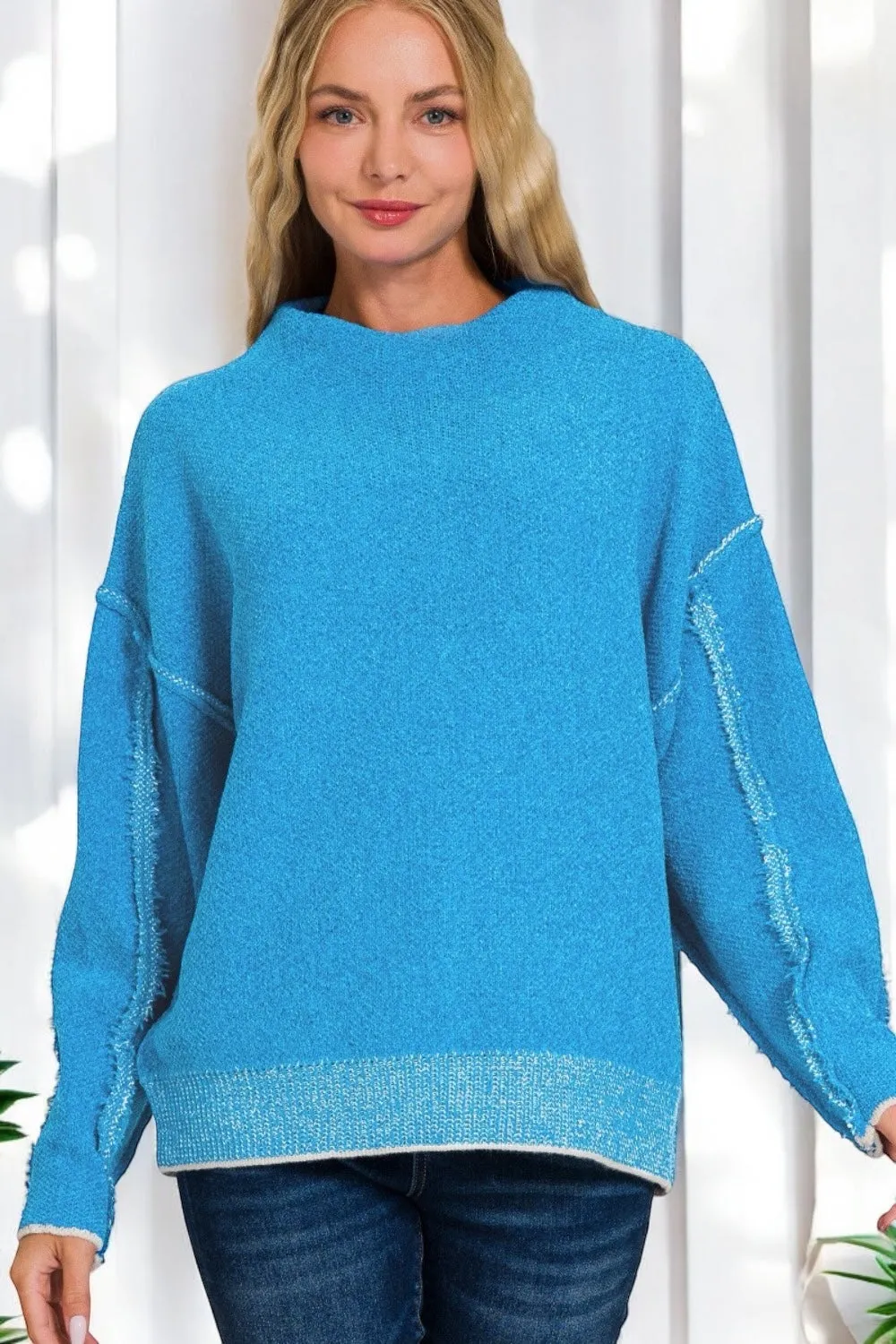 Exposed Seam Mock Neck Long Sleeve Sweater