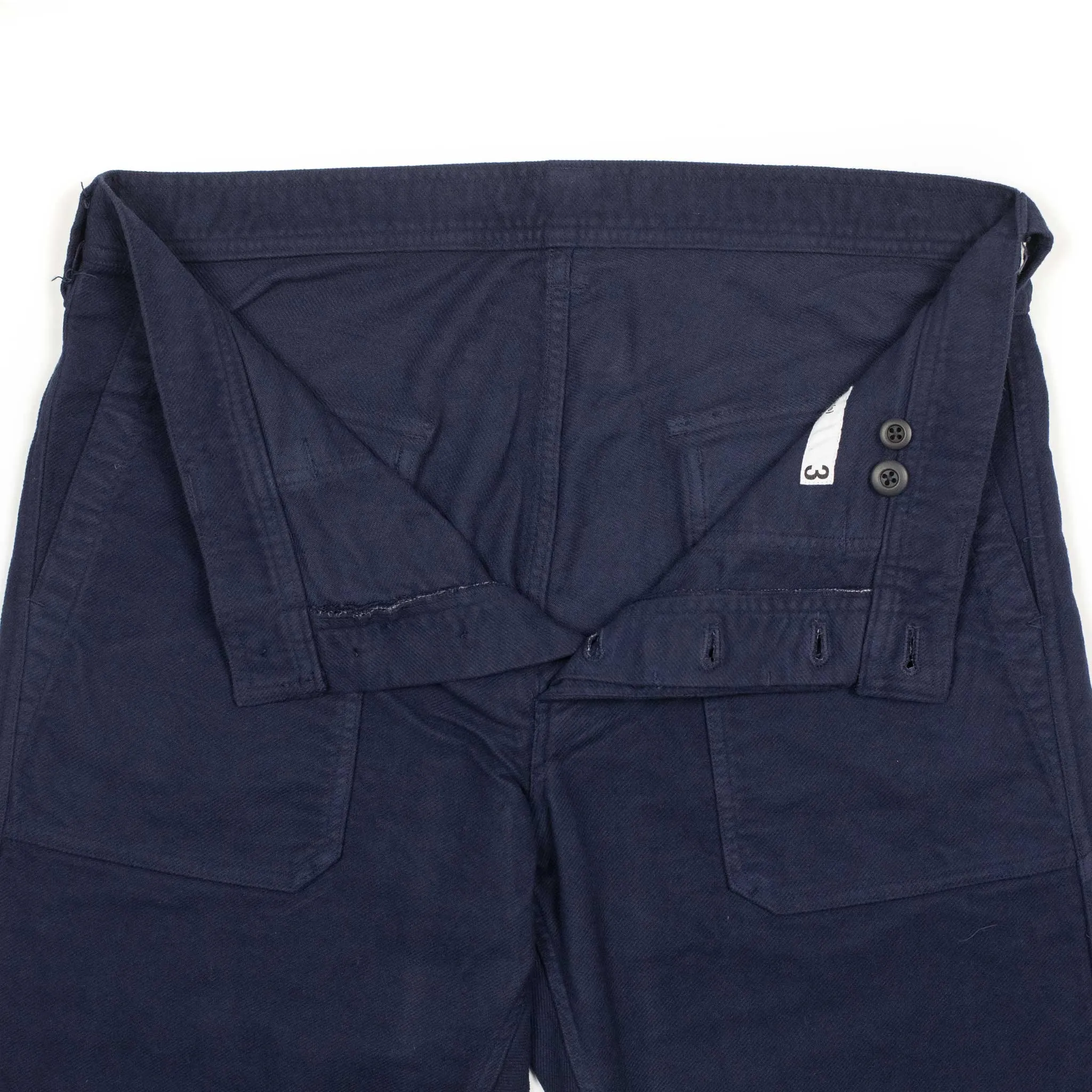 Fatigue trousers in garment dyed blue stretch cotton brushed twill