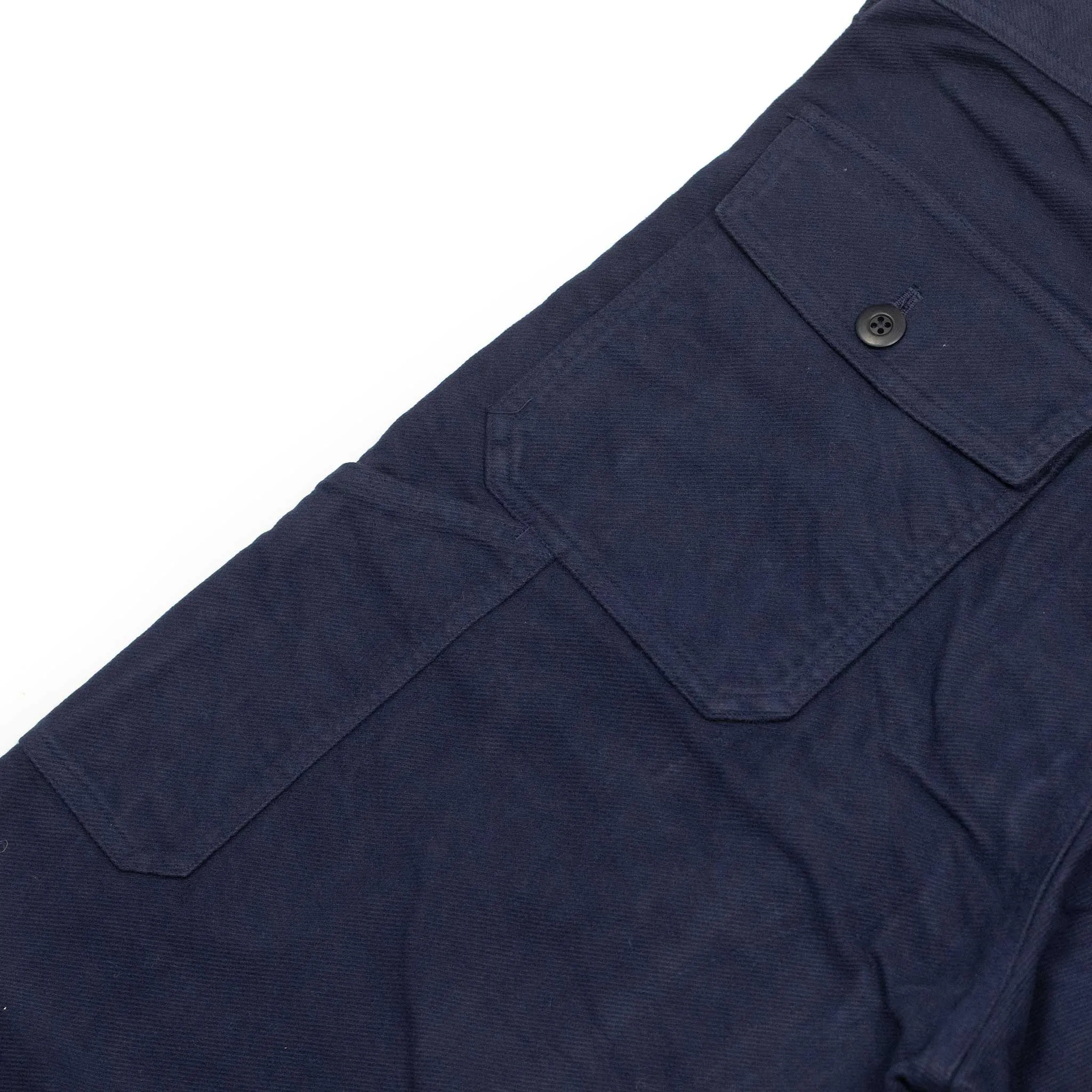 Fatigue trousers in garment dyed blue stretch cotton brushed twill