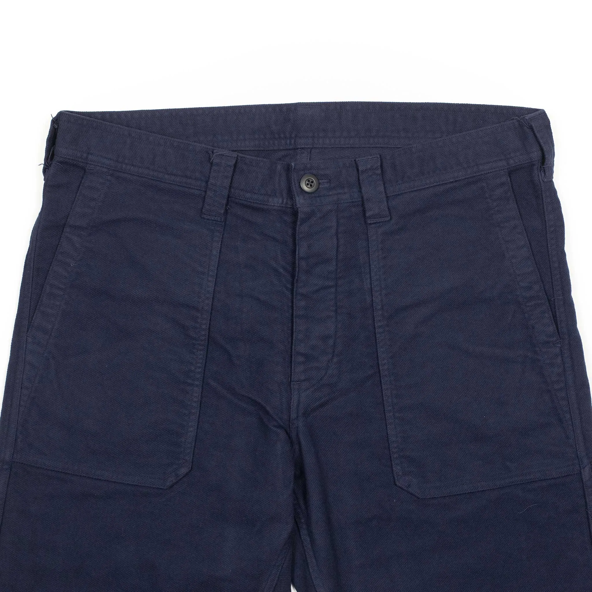 Fatigue trousers in garment dyed blue stretch cotton brushed twill