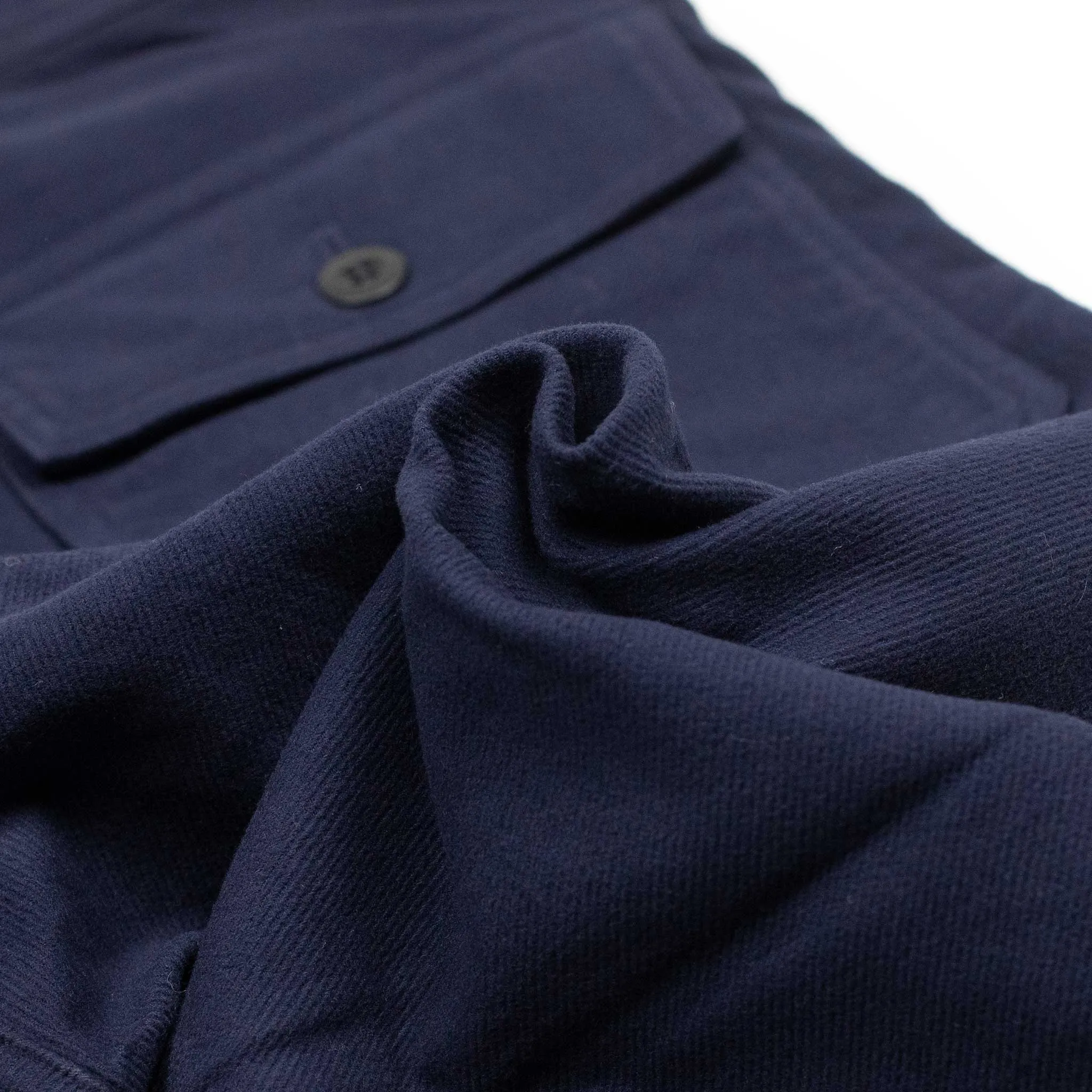 Fatigue trousers in garment dyed blue stretch cotton brushed twill