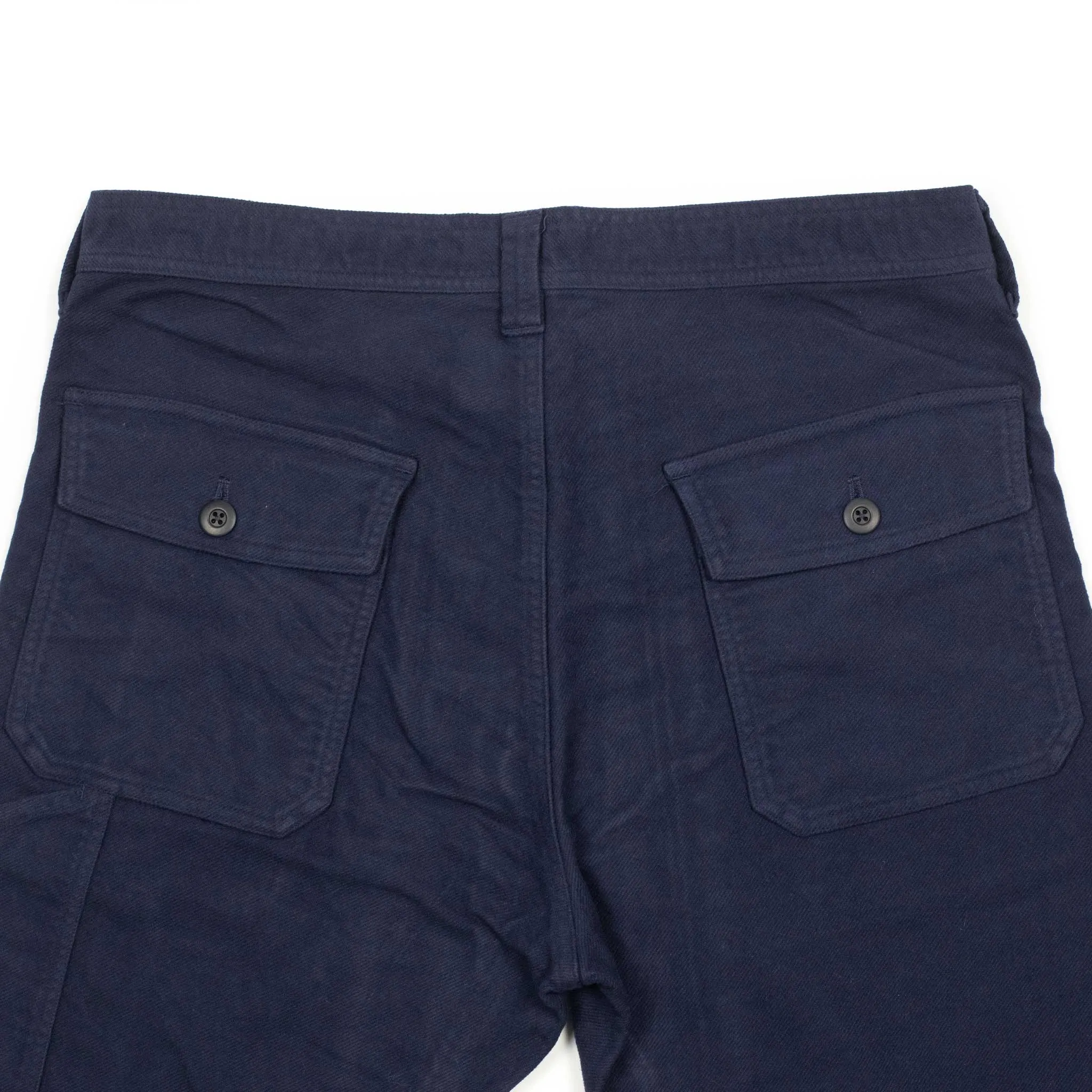 Fatigue trousers in garment dyed blue stretch cotton brushed twill