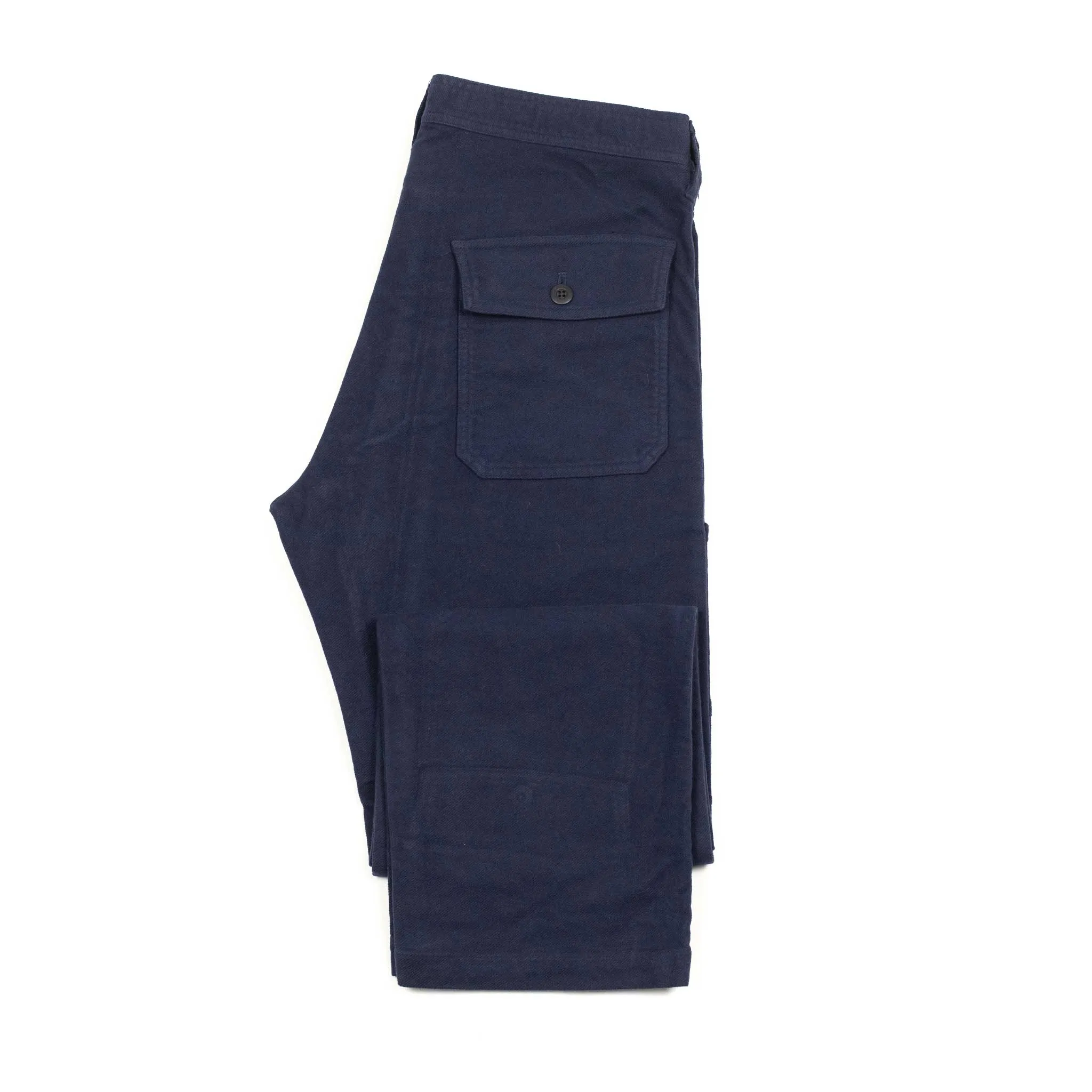 Fatigue trousers in garment dyed blue stretch cotton brushed twill