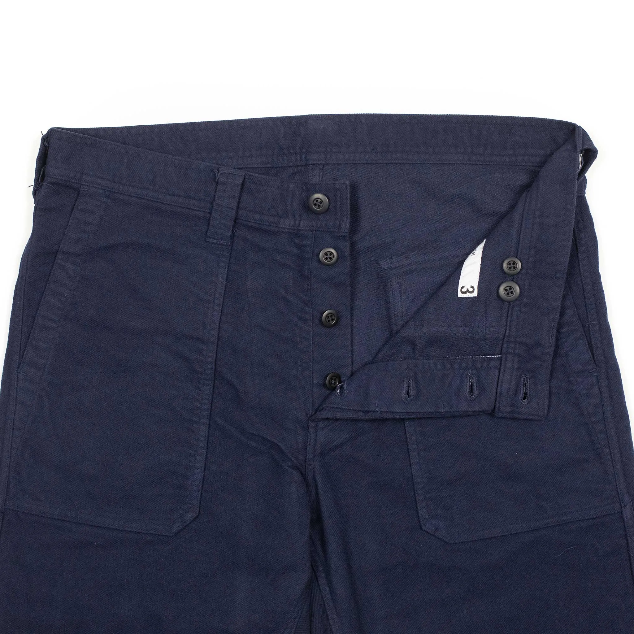 Fatigue trousers in garment dyed blue stretch cotton brushed twill