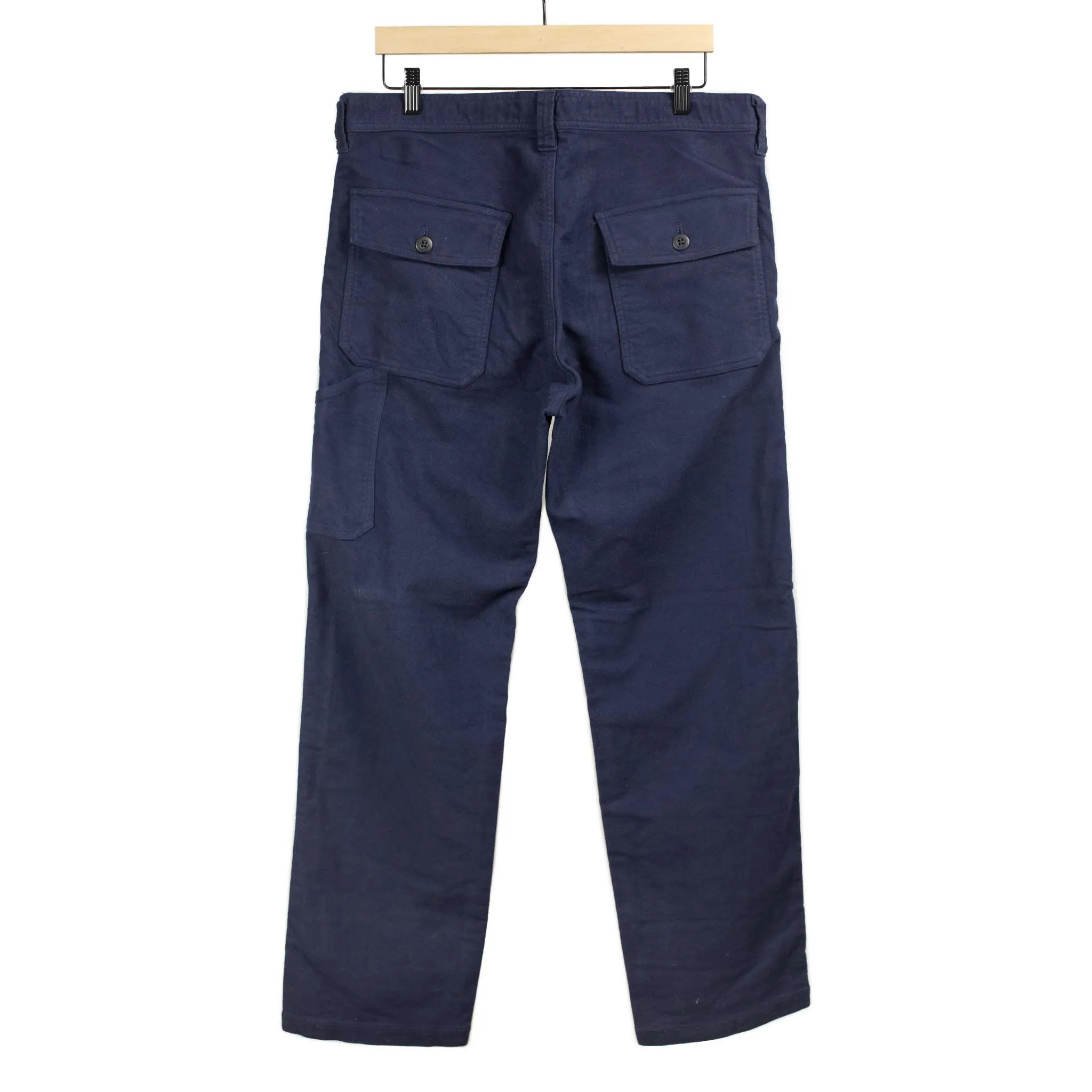 Fatigue trousers in garment dyed blue stretch cotton brushed twill