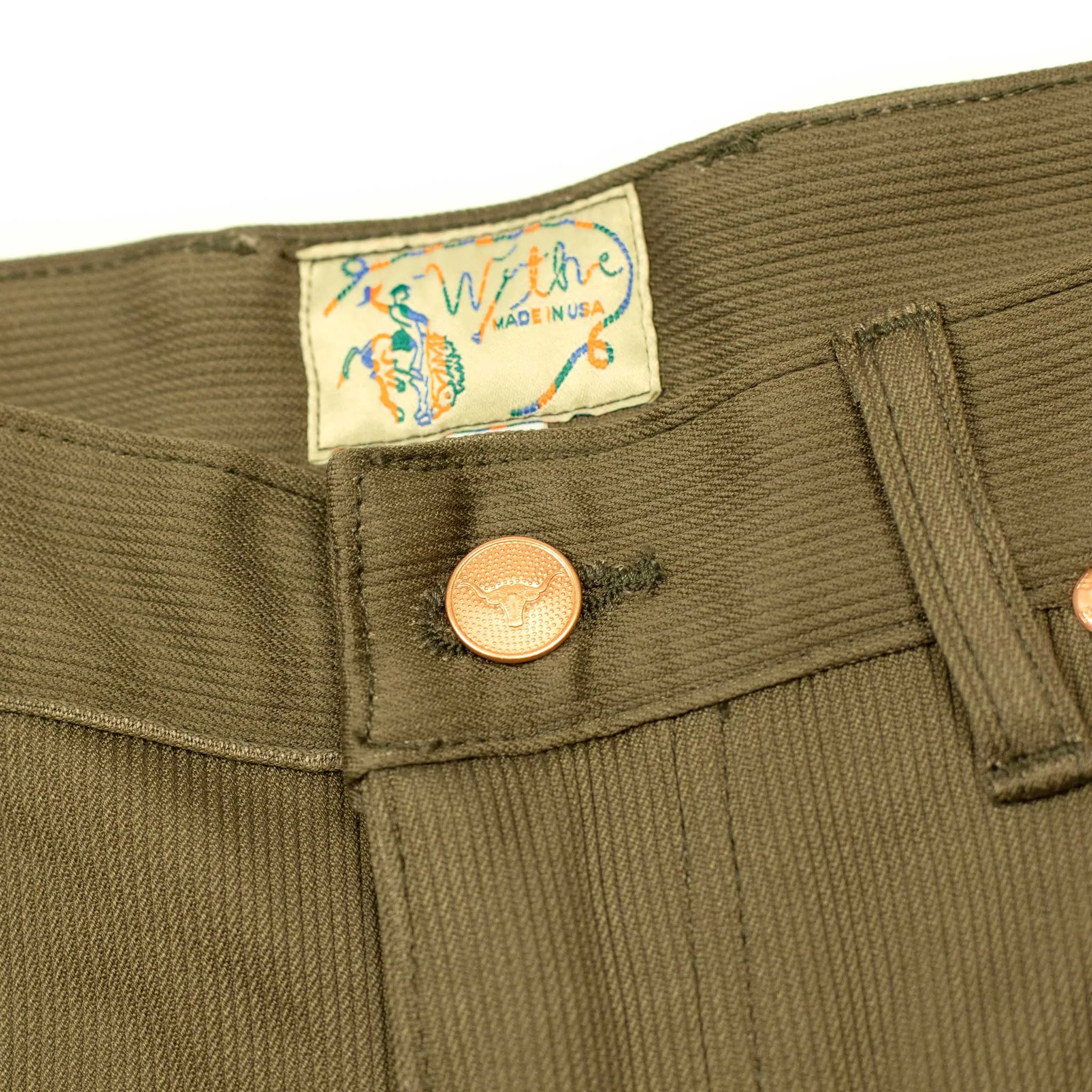 Five pocket pants in faded olive Japanese bedford cord