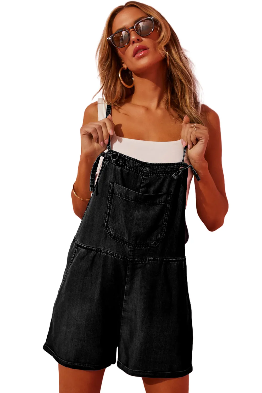 Light Blue Adjustable Knotted Straps Pocketed Denim Overalls