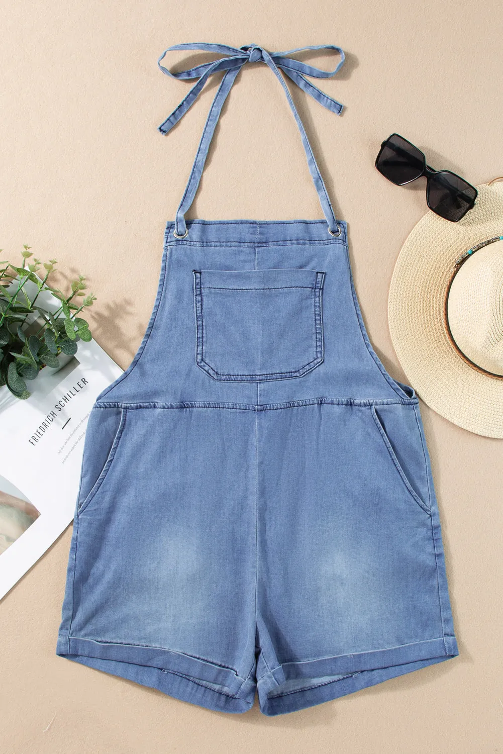 Light Blue Adjustable Knotted Straps Pocketed Denim Overalls