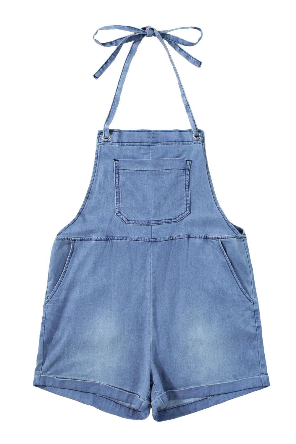 Light Blue Adjustable Knotted Straps Pocketed Denim Overalls