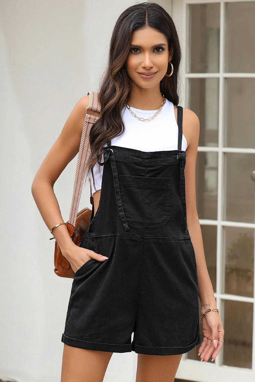 Light Blue Adjustable Knotted Straps Pocketed Denim Overalls