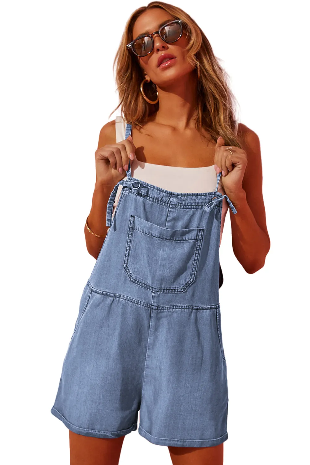 Light Blue Adjustable Knotted Straps Pocketed Denim Overalls