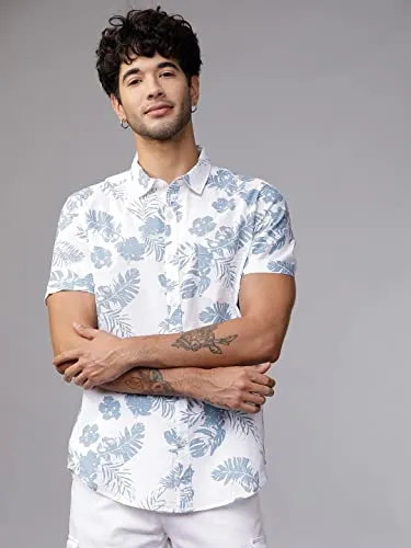 LookMark Men's Cotton Blend Stitched Solid Half Sleeve Shirt(Printed Shirt Blue Leaf-L)