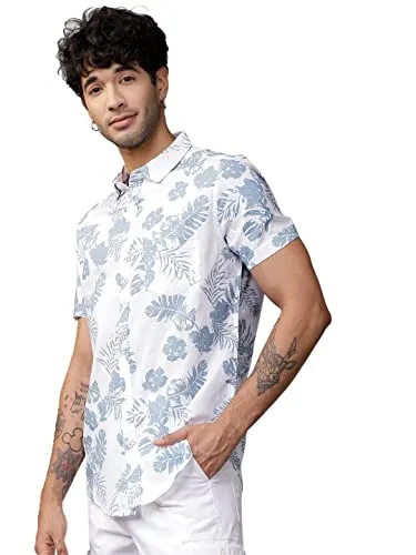 LookMark Men's Cotton Blend Stitched Solid Half Sleeve Shirt(Printed Shirt Blue Leaf-L)