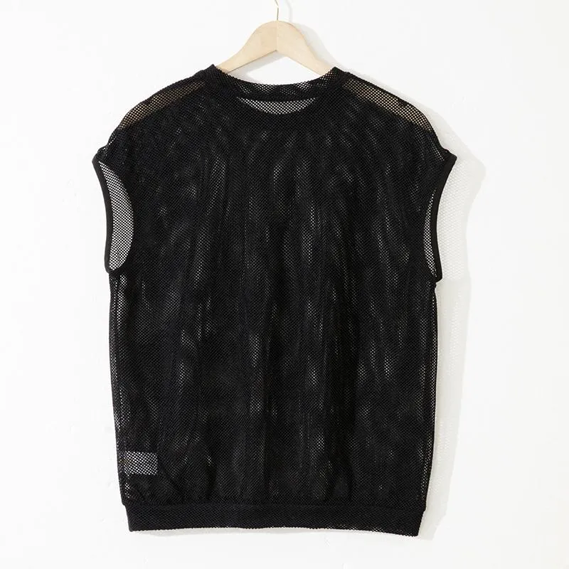 Loose Fit Hollowed-Out Knitted Round Neck Casual Slightly Transparent Mesh Top