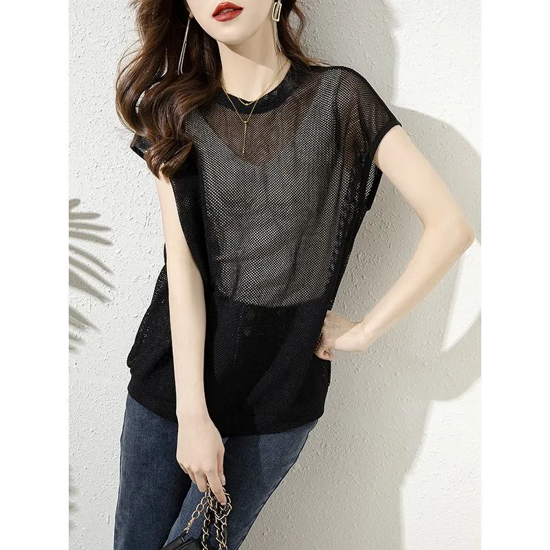 Loose Fit Hollowed-Out Knitted Round Neck Casual Slightly Transparent Mesh Top