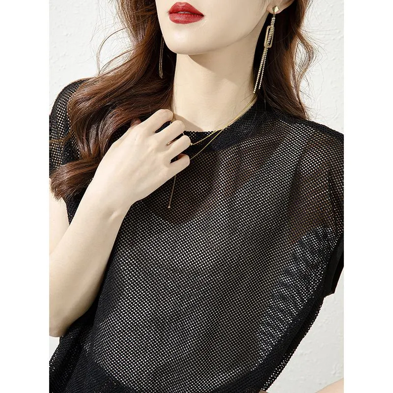 Loose Fit Hollowed-Out Knitted Round Neck Casual Slightly Transparent Mesh Top