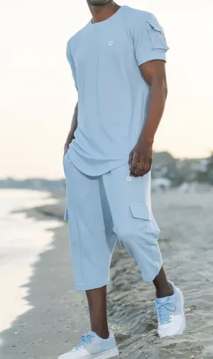 QL IGO Relaxed Cargo Shorts and T-Shirt Set in Sky Blue