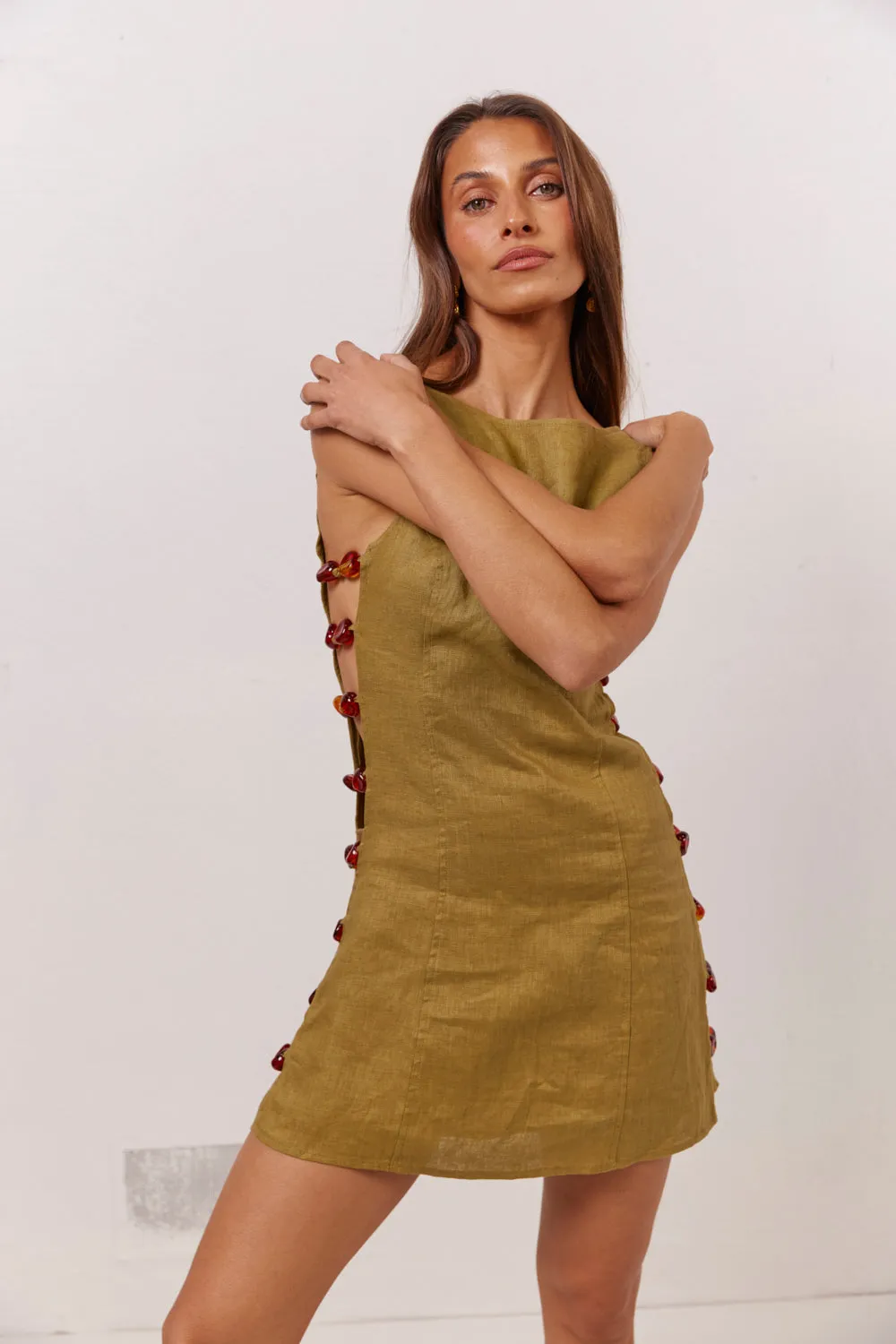 Tia Linen Mini Dress Olive