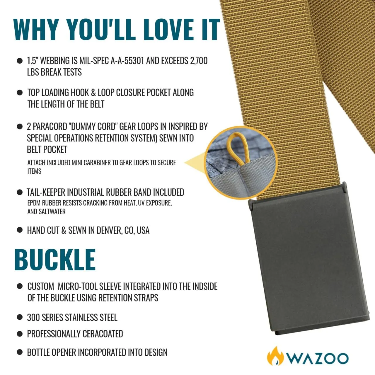 Wazoo Survival Gear Cache Belt, Anti-Theft Everyday Carry Belt for Travel and Outdoors - TSA Compliant, Stainless-Steel Buckle with Bottle Opener & Hidden Sleeve, Made in USA (Black, Large)