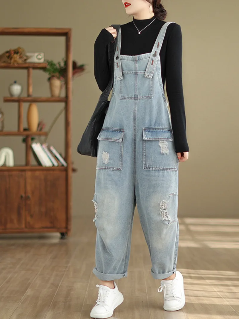 Women's Lightweight Ripped Denim Overalls Dungaree