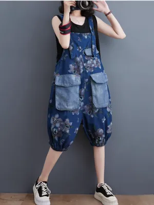 Women's Printed Bib Shorts Large Pockets Overalls Dungarees