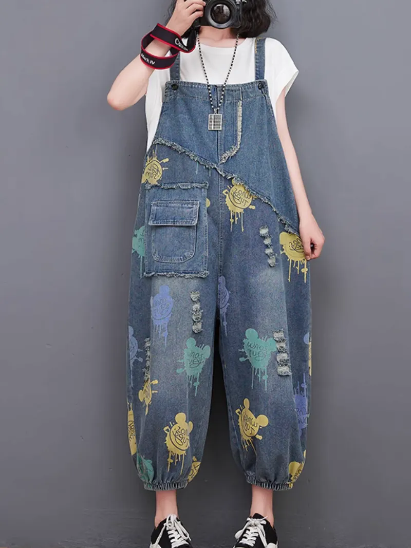 Women's Spring and Summer Printed artistic Overalls Dungarees