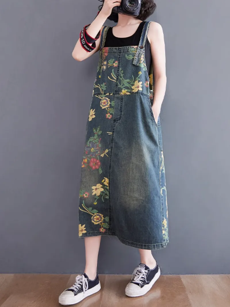 Women's Summer Printed Loose Mid-Length Overalls Dungarees