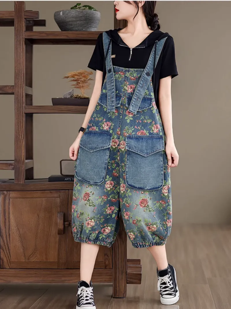 Women's Summer Retro Fashion Printed Flower Overalls Dungarees