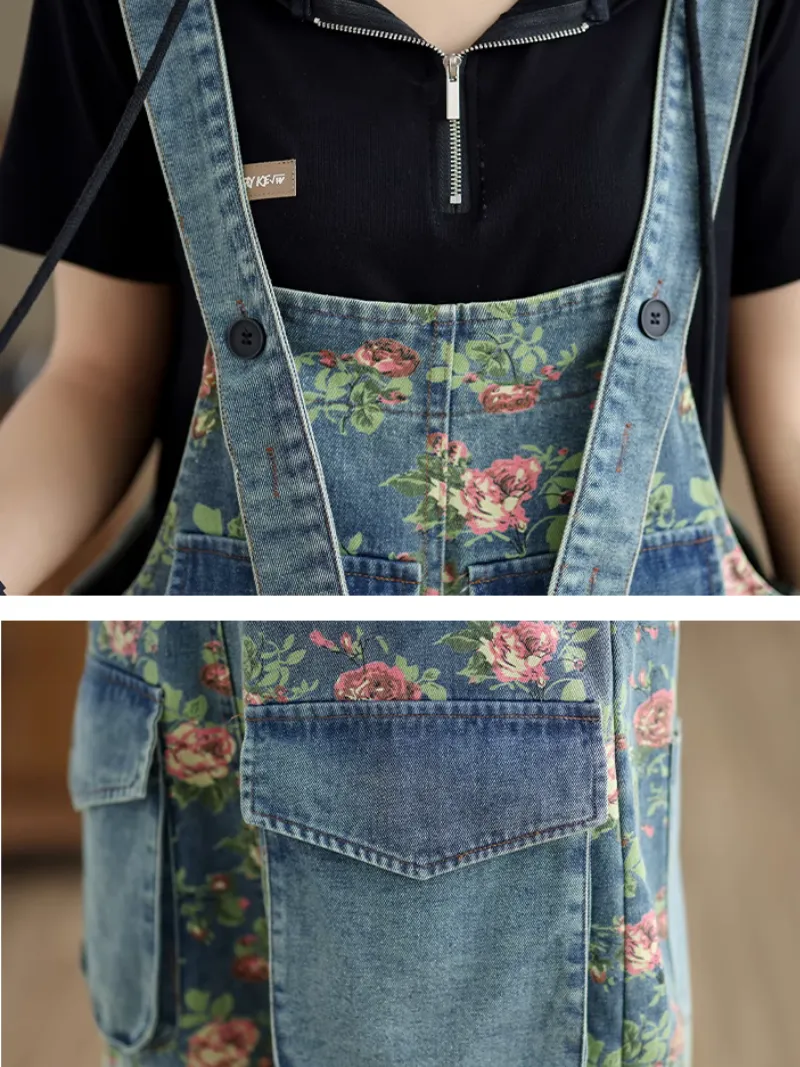 Women's Summer Retro Fashion Printed Flower Overalls Dungarees