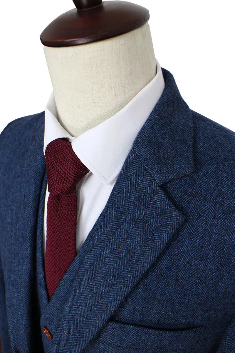 Wool Blue Herringbone Retro gentleman style custom made Men's suits tailor suit Blazer suits for men 3 piece (Jacket Pants Vest)