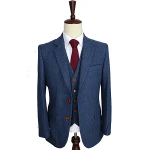 Wool Blue Herringbone Retro gentleman style custom made Men's suits tailor suit Blazer suits for men 3 piece (Jacket Pants Vest)