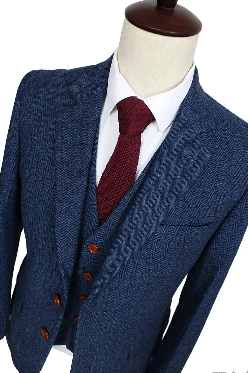 Wool Blue Herringbone Retro gentleman style custom made Men's suits tailor suit Blazer suits for men 3 piece (Jacket Pants Vest)