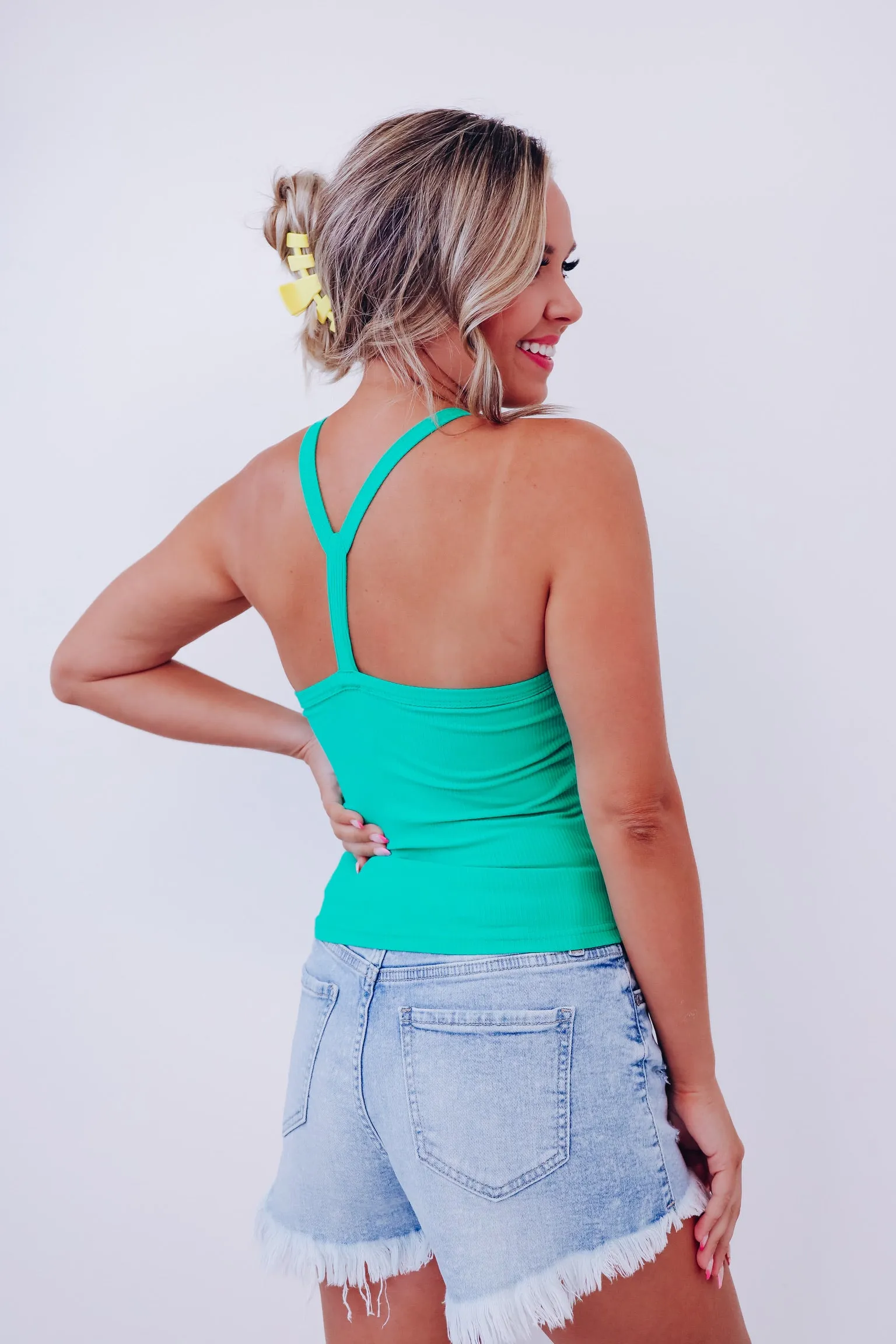 Y Back Cropped Tank Top - Green