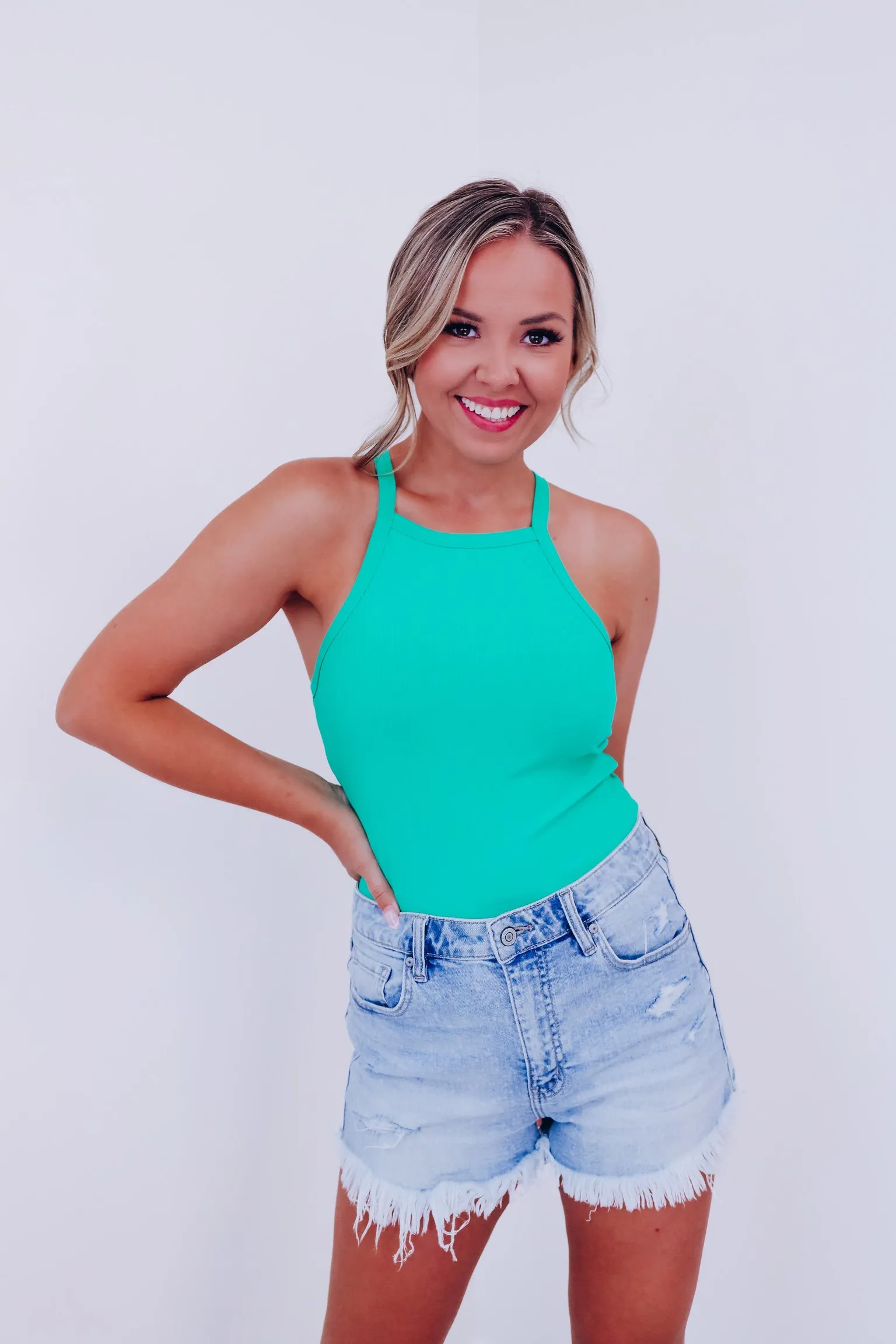 Y Back Cropped Tank Top - Green