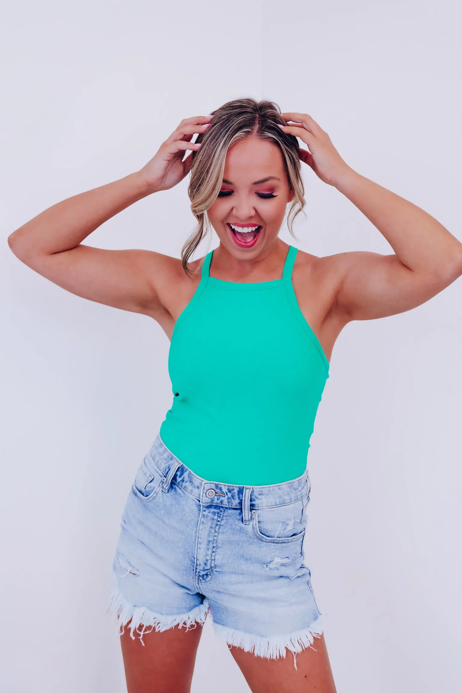 Y Back Cropped Tank Top - Green