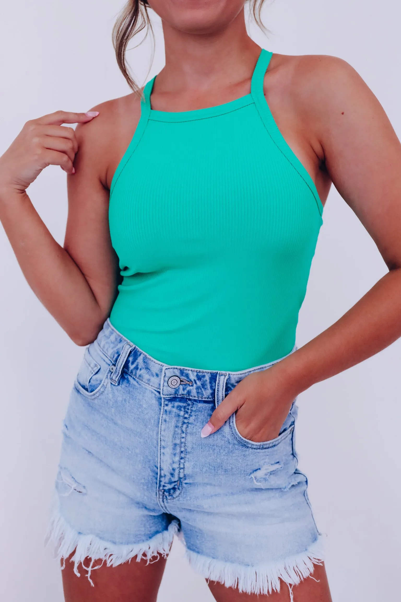 Y Back Cropped Tank Top - Green